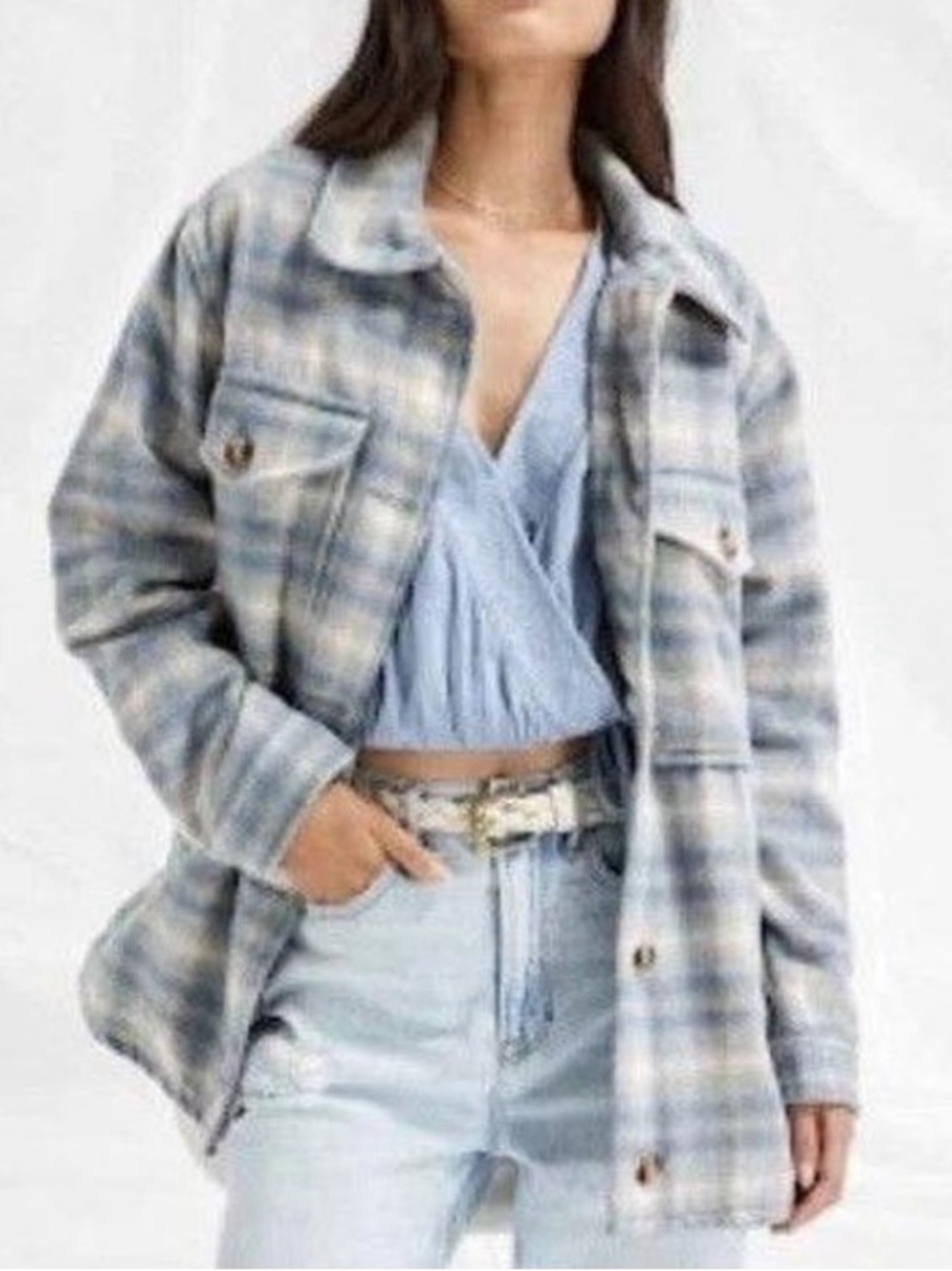 American Eagle Outfitters AEO Medium Blue Plaid Utility Shacket Jacket